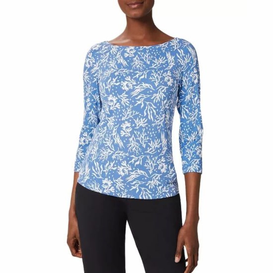 Top * | Cheap Hobbs London Sonya Printed Boat Neck Top Blue Ivory