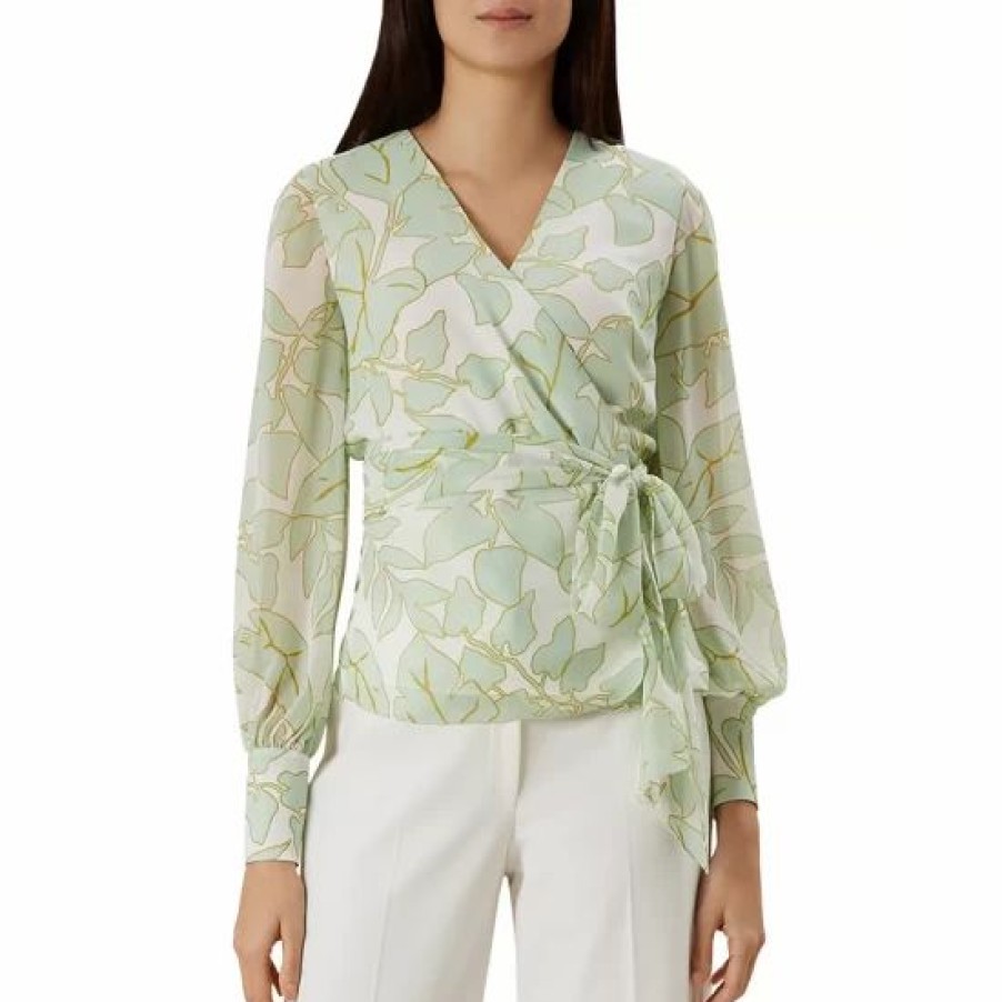 Top * | Deals Hobbs London Maria Leaf Print Wrap Top 100% Exclusive Mint Ivory