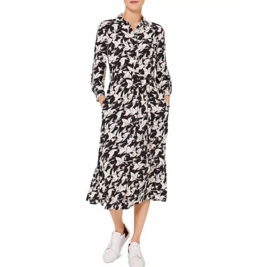 Dress * | Best Sale Hobbs London Eliana Bird Print Shirt Dress Black Ivory