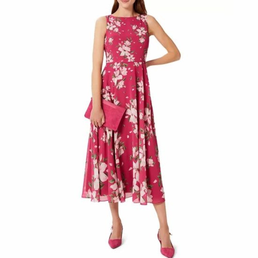 Dress * | Top 10 Hobbs London Carly Floral Print Midi Dress Pink Multi