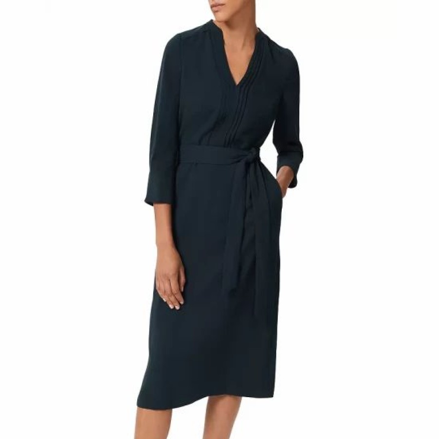 Dress * | Buy Hobbs London Isobel Pintucked Belted Dress Dark Pine