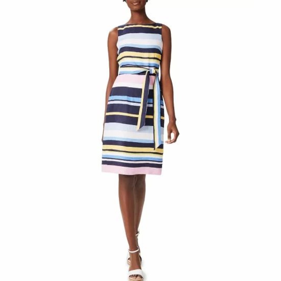 Dress * | Discount Hobbs London Jaci Striped Linen Dress Navy Multi