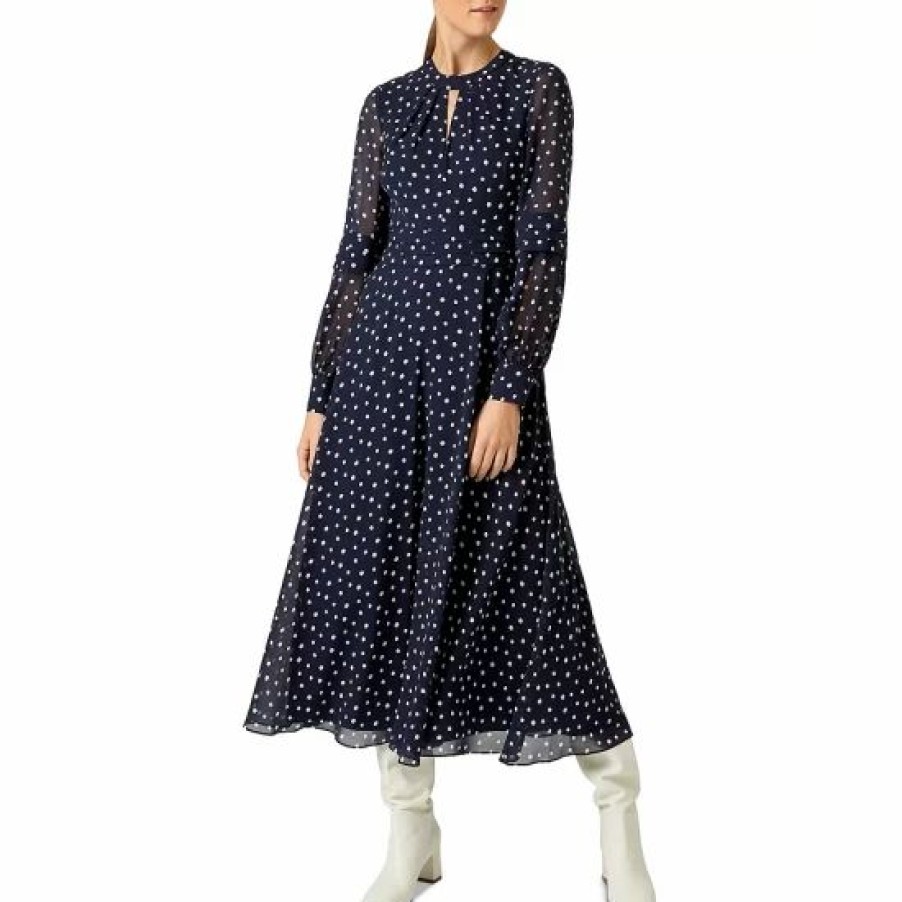 Dress * | Promo Hobbs London Piper Polka Dot Midi Dress Midnight Ivory