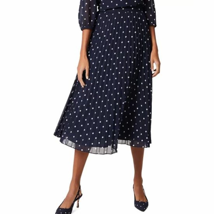 Skirt * | Promo Hobbs London Losie Polka Dot Pleated Midi Skirt Navy Ivory