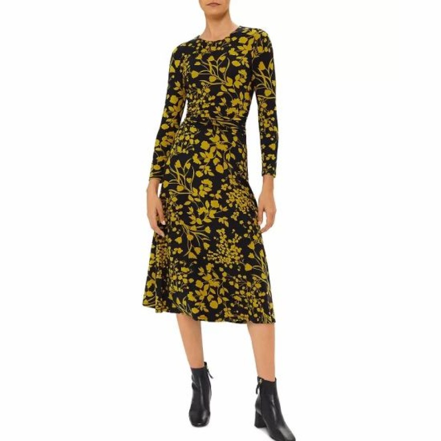 Dress * | Flash Sale Hobbs London Bayview Floral Print Dress Navy Chartreuse