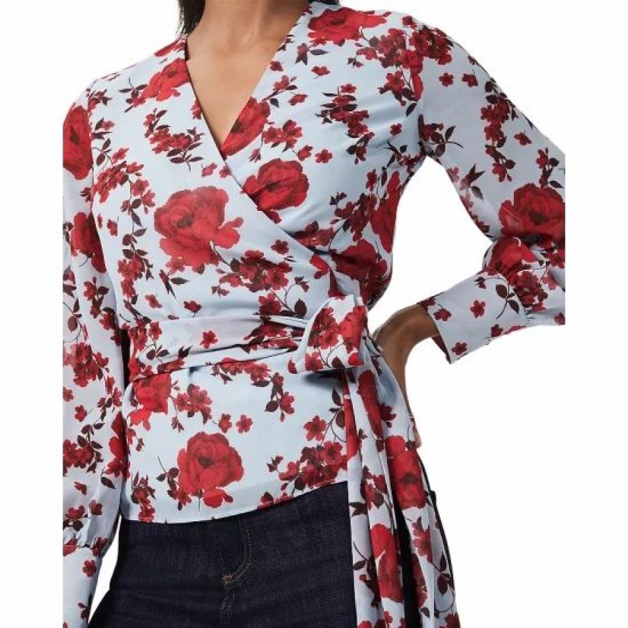 Top * | New Hobbs London Elizabeth Floral Print Wrap Blouse Blue Red