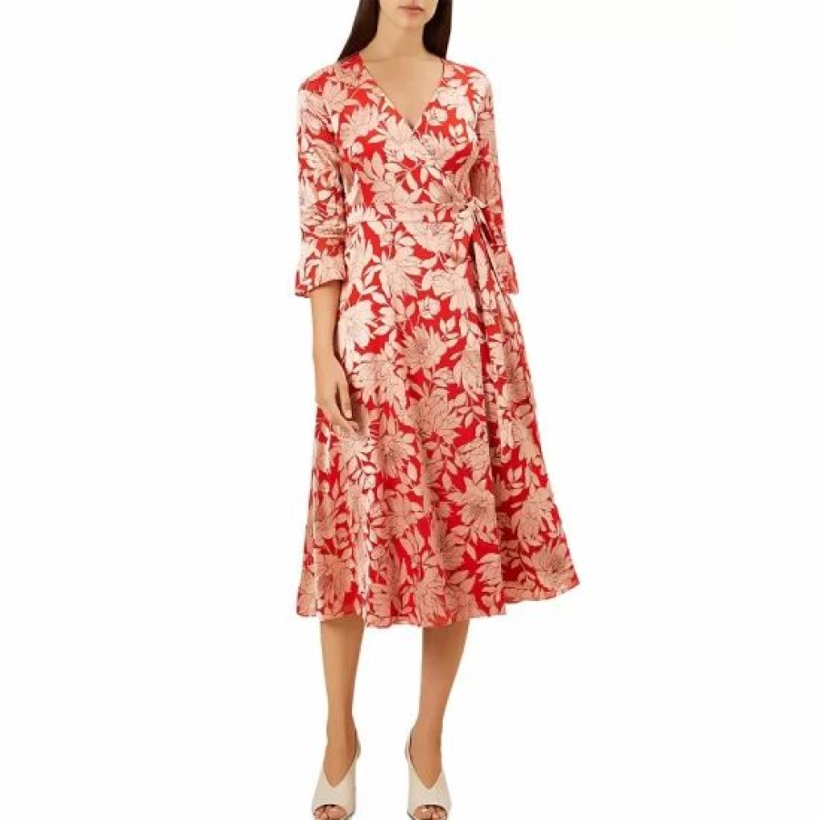 Dress * | New Hobbs London Justina Faux-Wrap Floral Print Dress Red/Pink