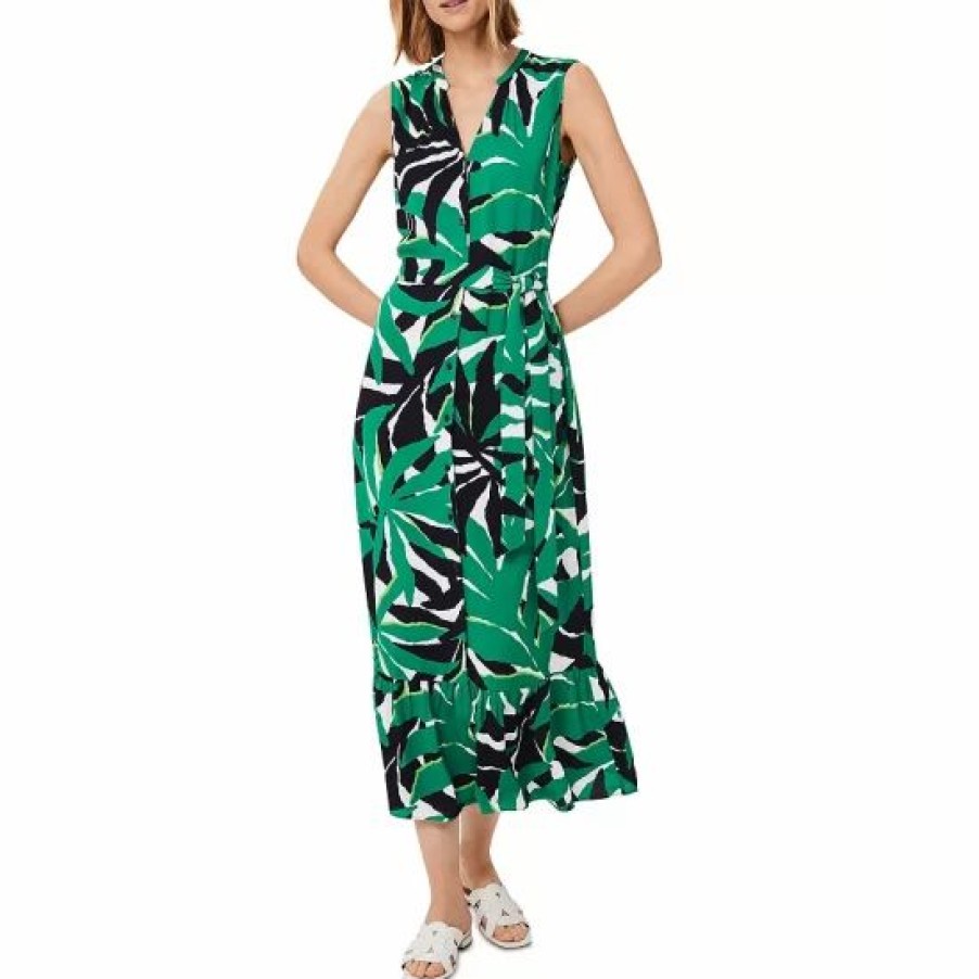 Dress * | Wholesale Hobbs London Laurenza Palm Leaf Midi Dress Green Multi