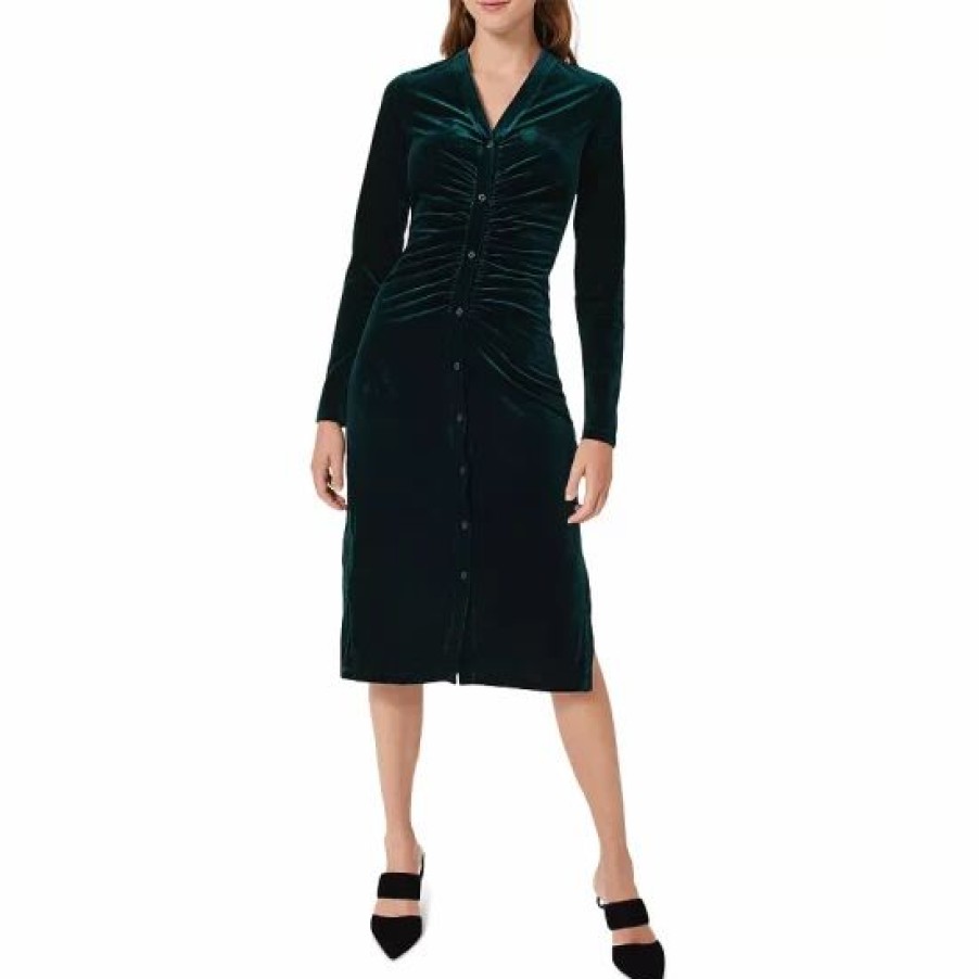 Dress * | Budget Hobbs London Hatty Velvet Button Front Dress Dark Green