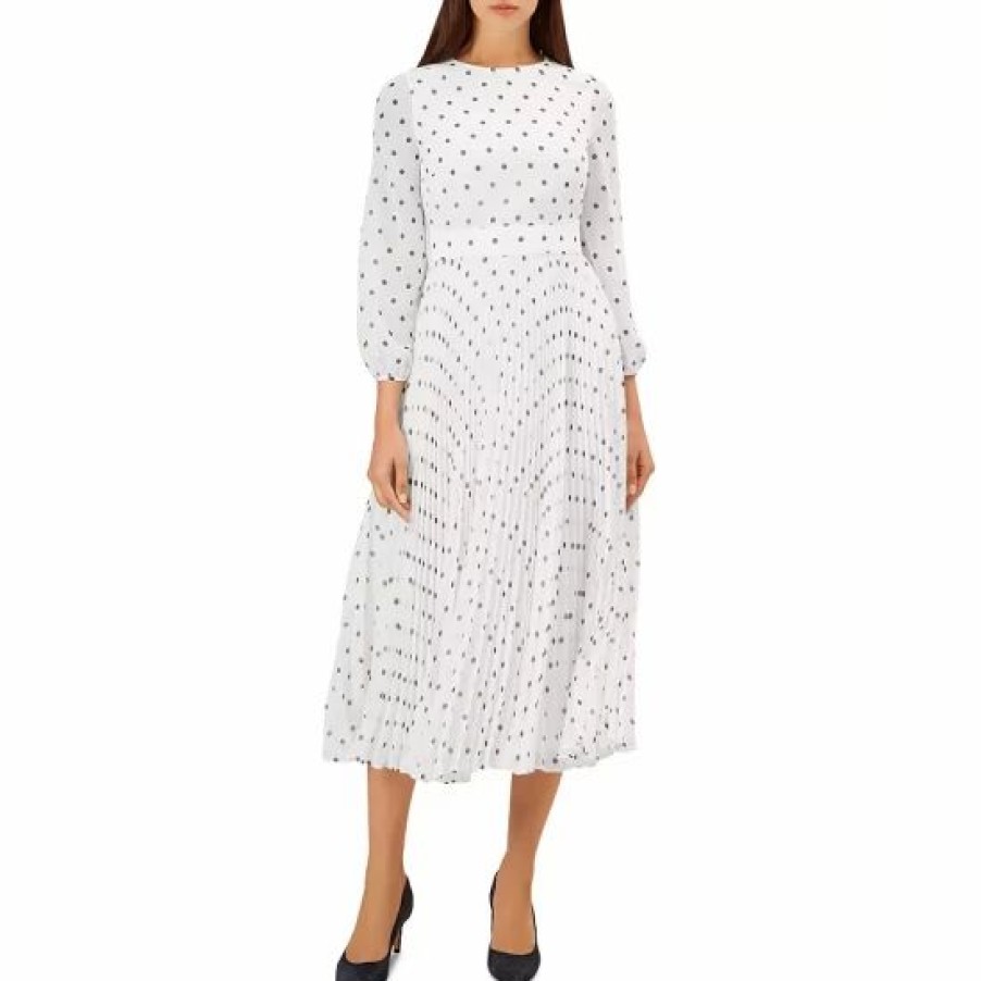 Dress * | Deals Hobbs London Selena Pleated Polka Dot Dress Ivory Navy