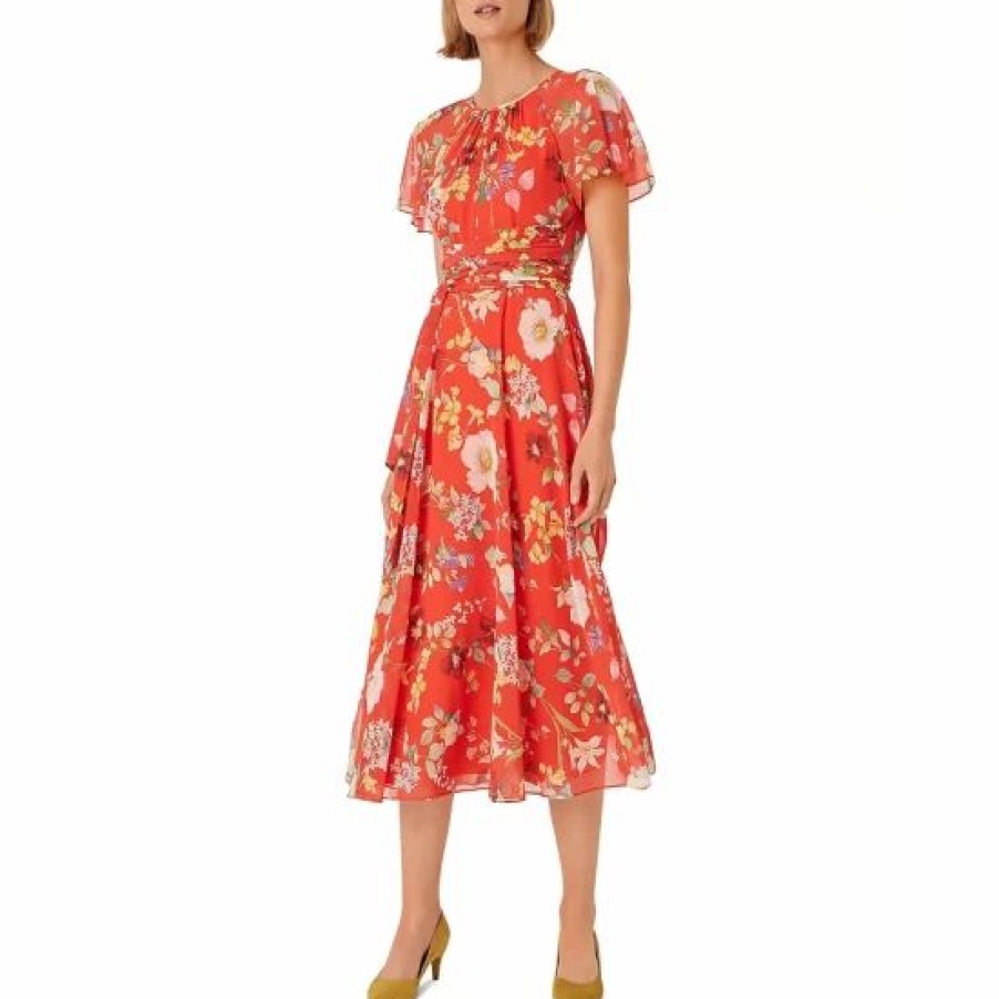 Dress * | Cheap Hobbs London Sarah Floral Print Sash-Waist Midi Dress Flame Red