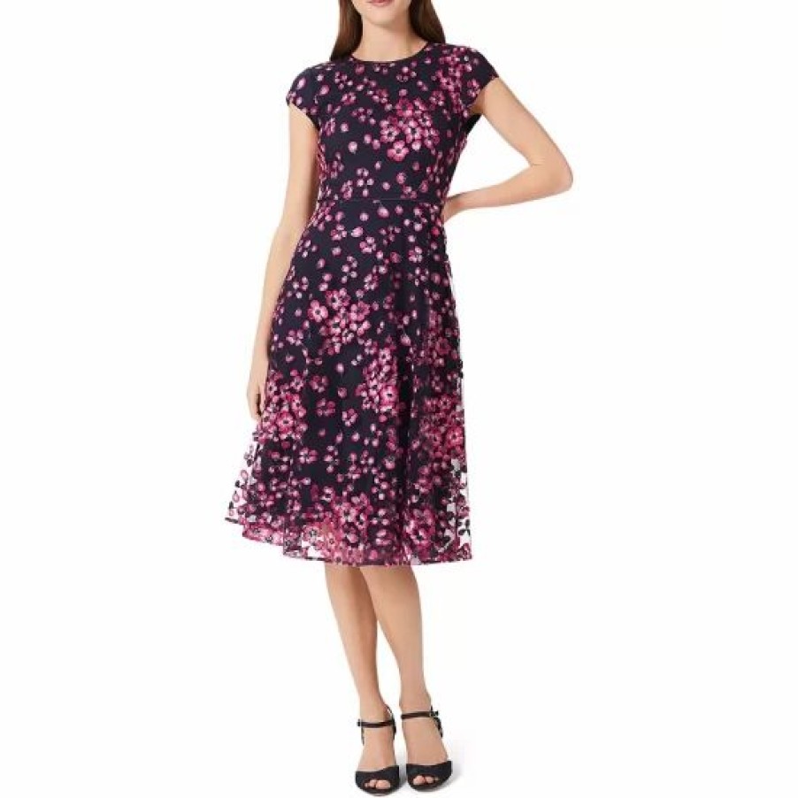 Dress * | Hot Sale Hobbs London Tia Embroidered Fit & Flare Dress Navy Pink