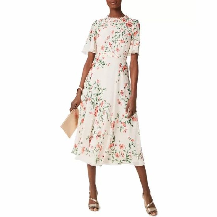 Dress * | Outlet Hobbs London Gianna Floral Print Braided Neck Dress Cream Red