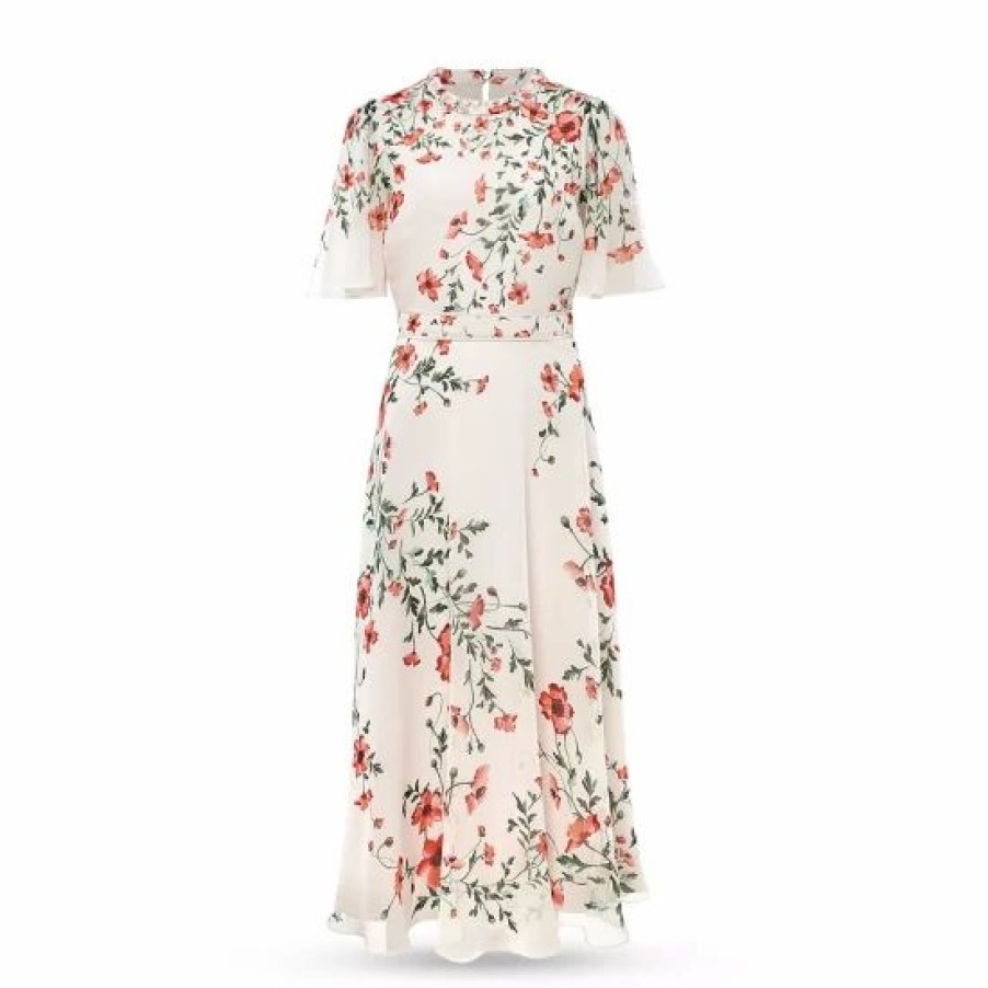 Dress * | Outlet Hobbs London Gianna Floral Print Braided Neck Dress Cream Red