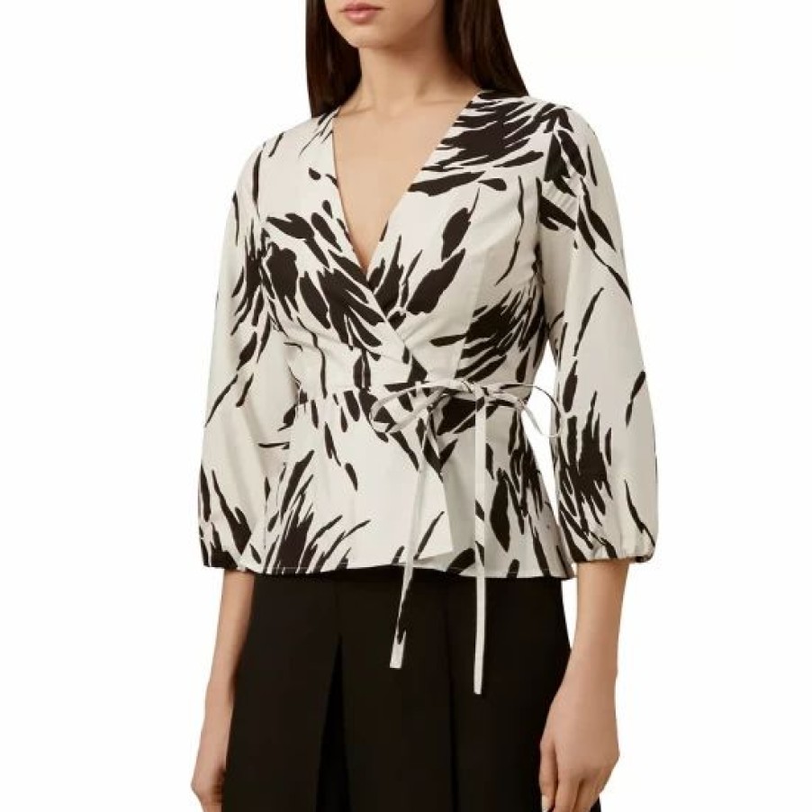 Top * | Flash Sale Hobbs London Amara Printed Wrap Top Black/Ivory