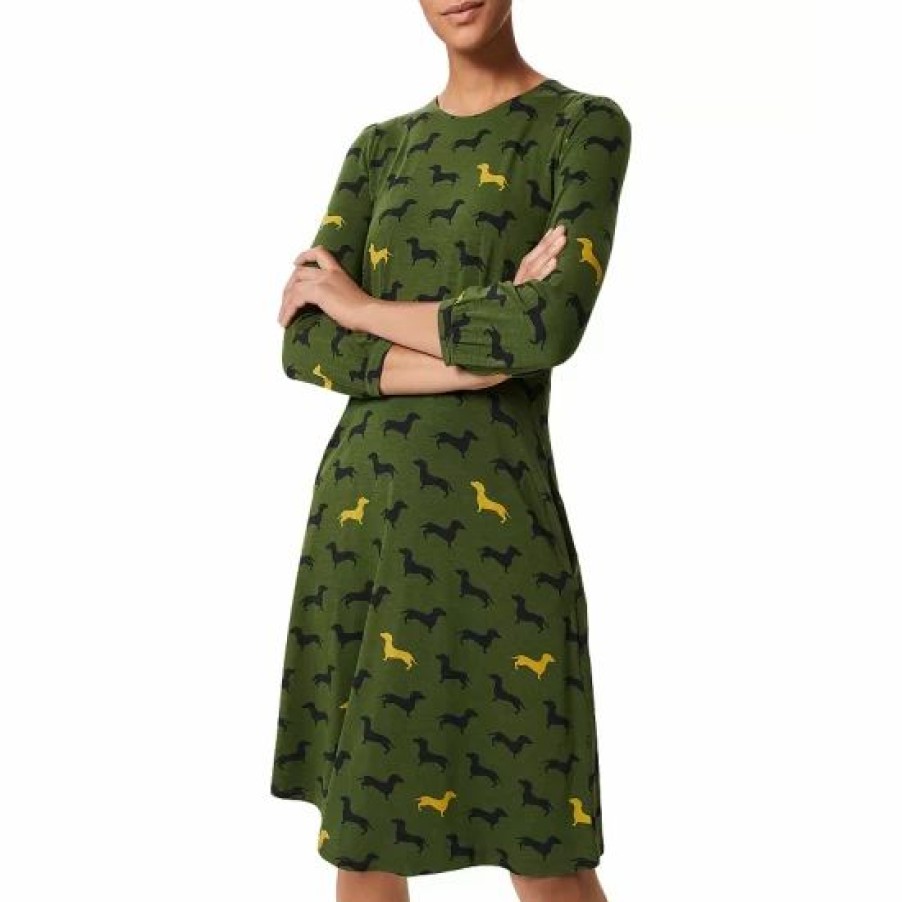 Dress * | Budget Hobbs London Etty Dog Print Jersey Dress Mid Fern Green