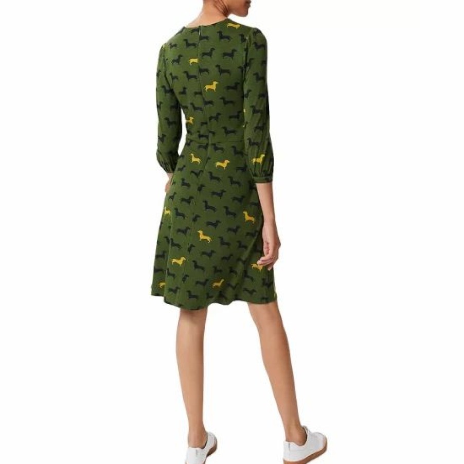 Dress * | Budget Hobbs London Etty Dog Print Jersey Dress Mid Fern Green