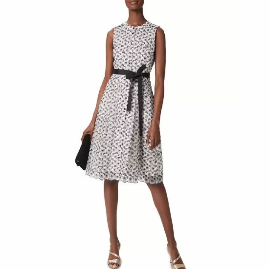 Dress * | Best Pirce Hobbs London Lyra Embroidered Belted Dress Ivory Black