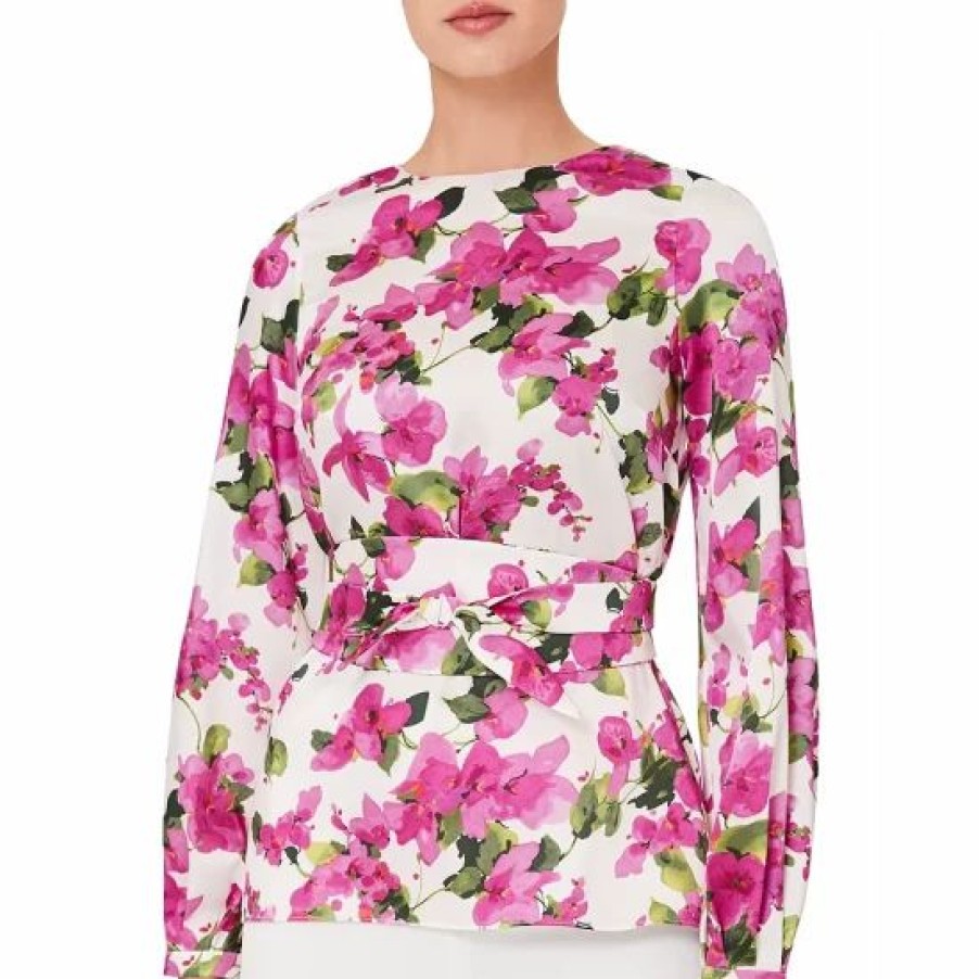 Top * | Flash Sale Hobbs London Rosie Floral Print Belted Top Ivory Fuchsia