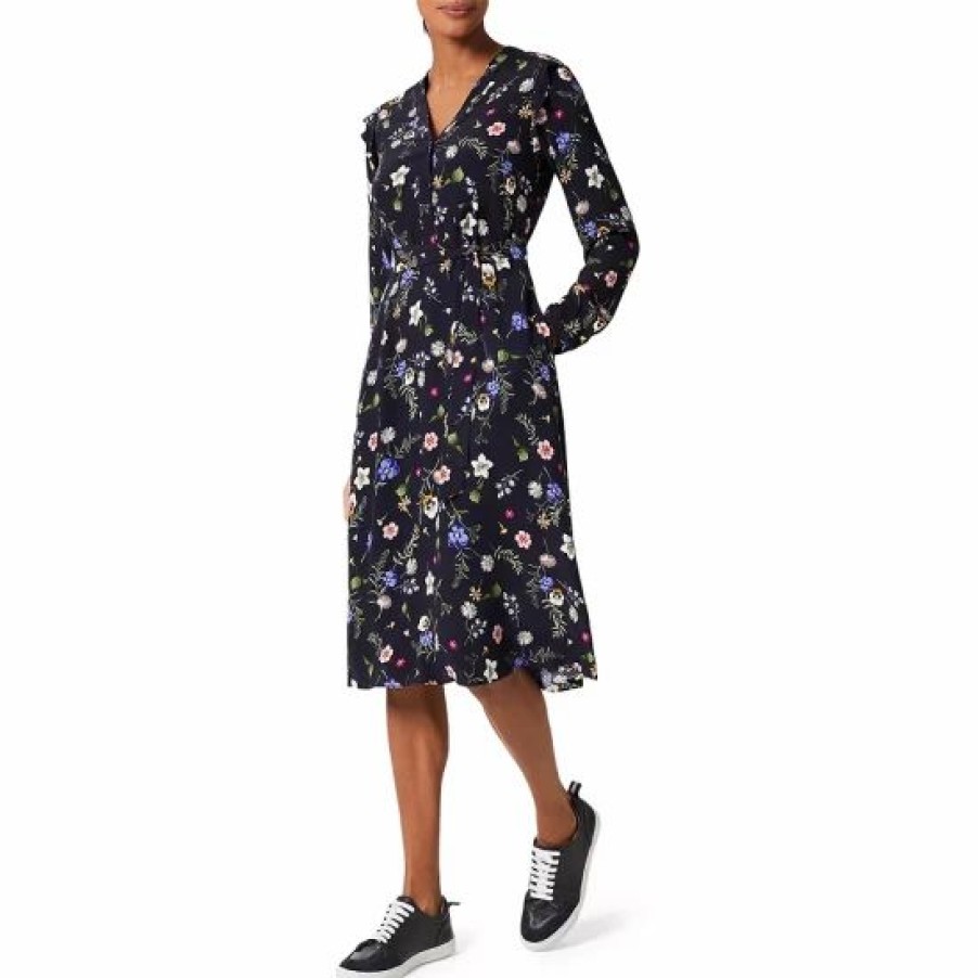 Dress * | Outlet Hobbs London Florentine Floral Print Shirt Dress Navy Multi